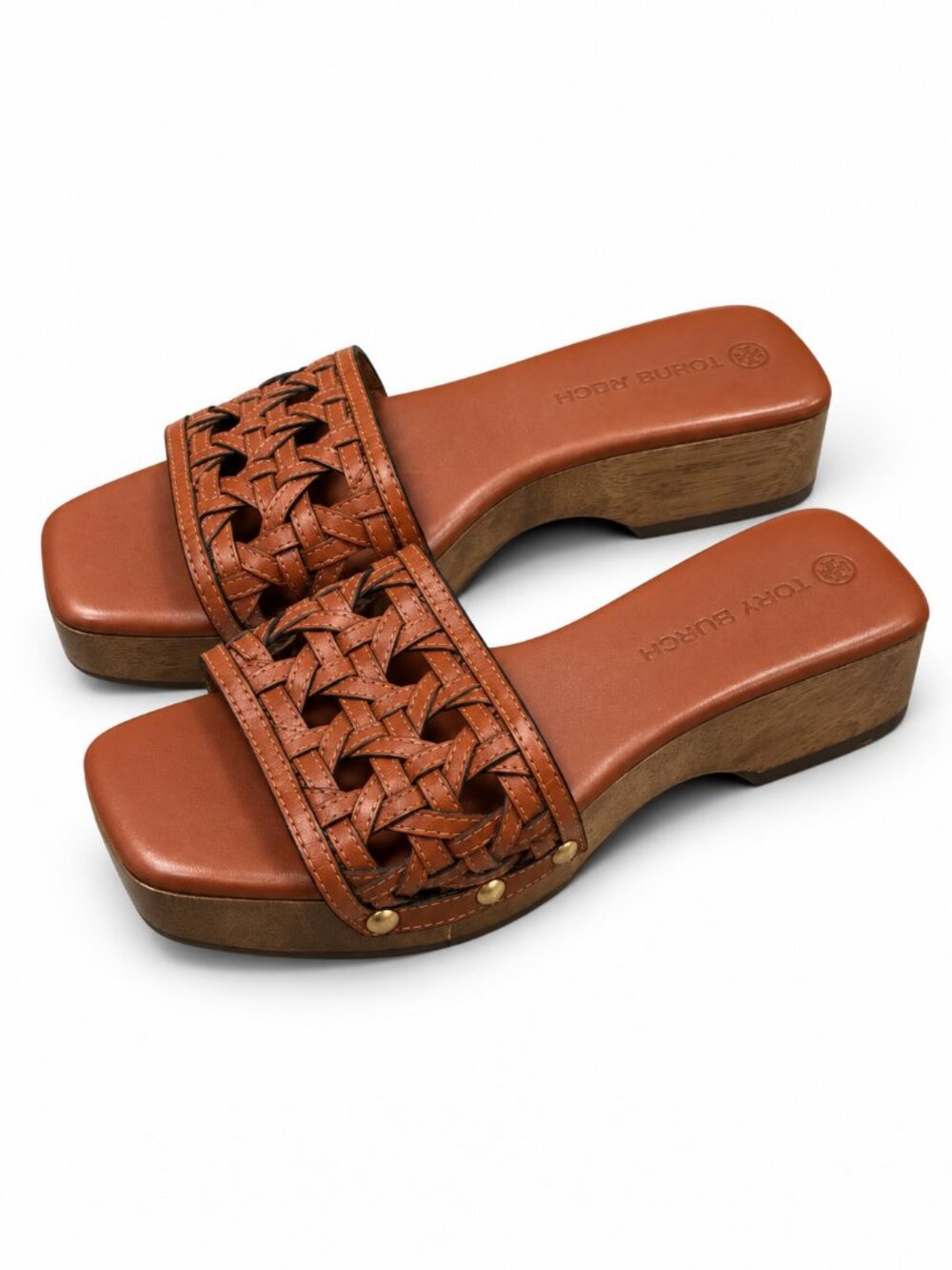 Tory Burch Basketweave Brown Leather Wooden Clogs